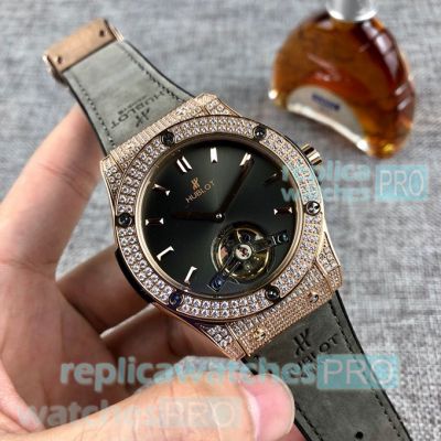 Copy Hublot Classic Fusion Tourbillon Black Face Gold Diamond Bezel Watch